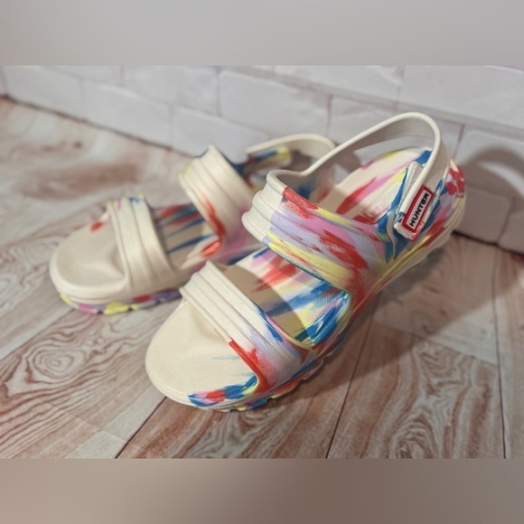 Hunter Rainbow Paint Splash Platform Adjustable strap Sandals size 9 Women's - Picture 4 of 11